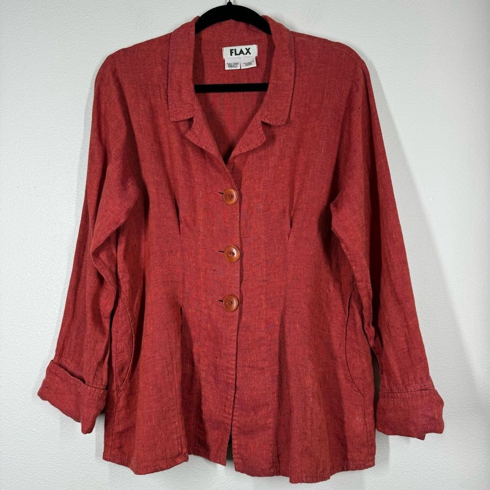 Flax Women's Red Linen Button Front Jacket Blazer Size Small Lagenlook Pockets